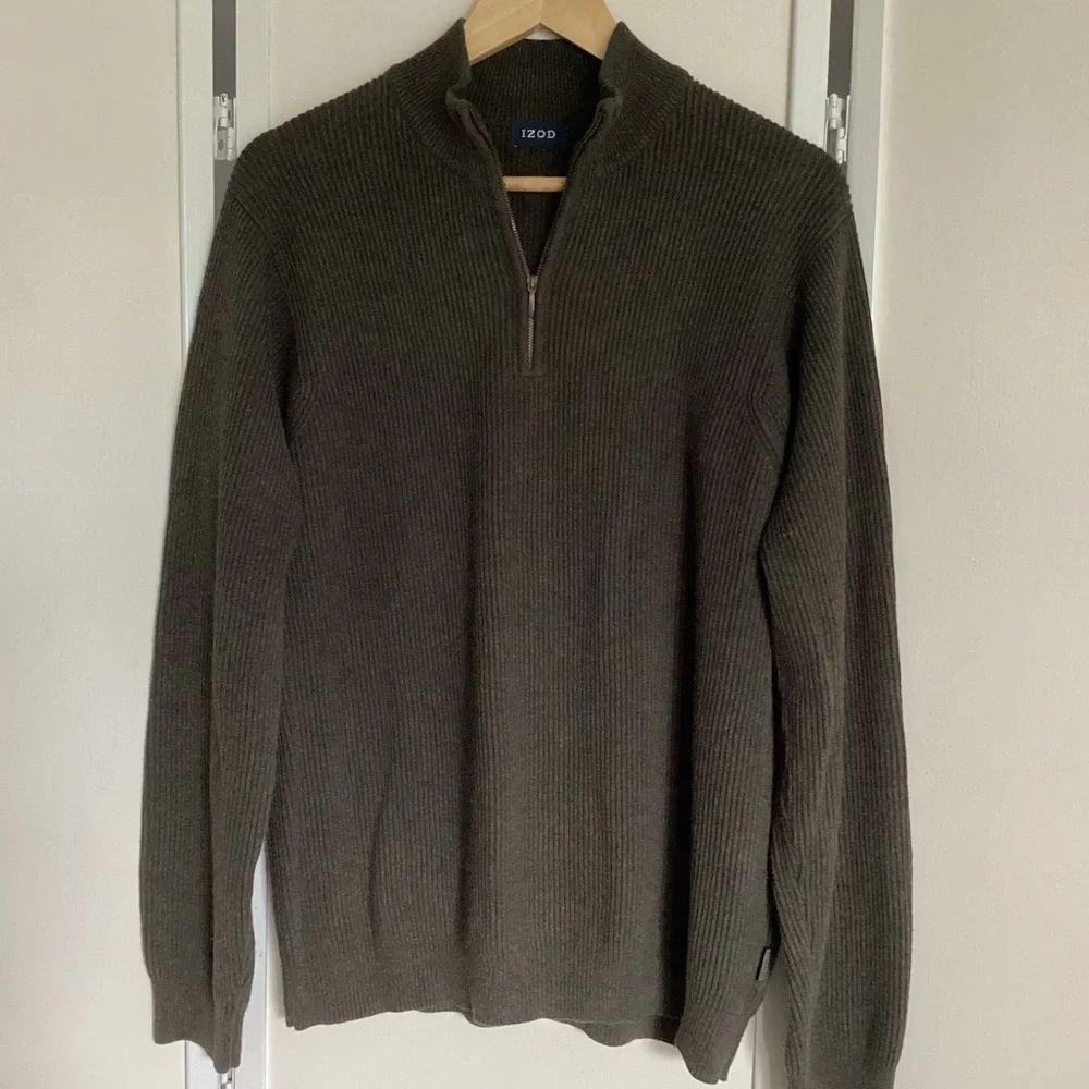IZOD sweater Sz M cotton pullover quarter zip ribbed EUC olive moss - Picture 2 of 9